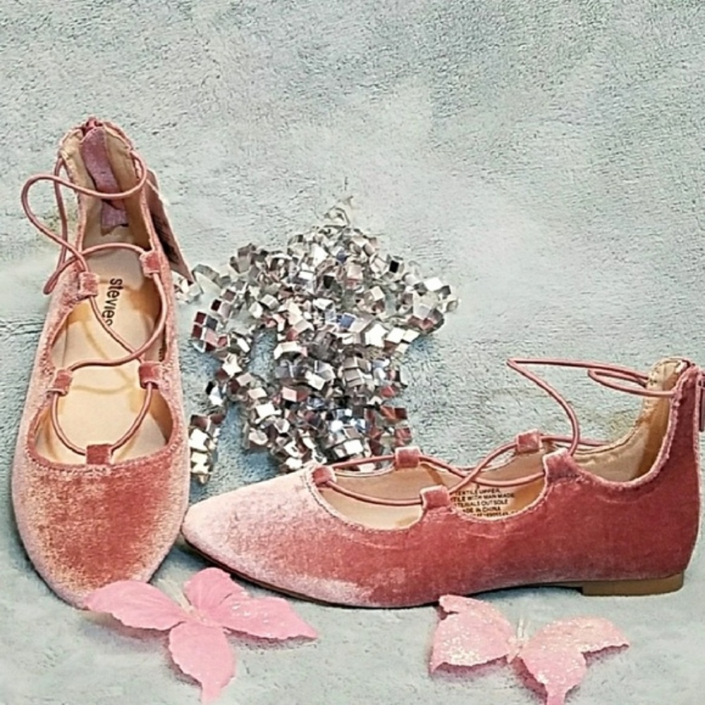 Stevies Dust Pink Velvet lace up ballet flat sz 1